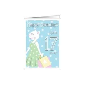  Happy Birthday 17 Year Old   Girl cat goes shopping Card 