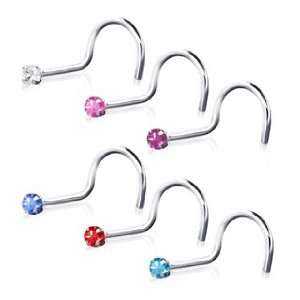 14Kt White Gold Screw Nose Ring with a Purple Prong Setting Cubic 