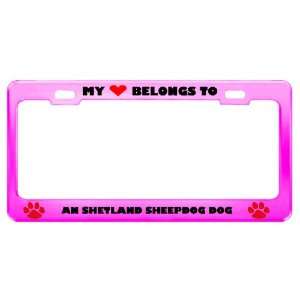 An Shetland Sheepdog Dog Pet Pink Metal License Plate Frame Tag Holder