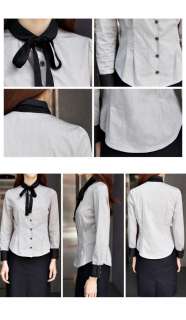 Waist Detail button cuff Contrast Color round collar Top Shirt Blouse 
