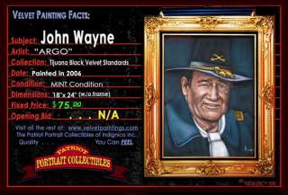 Black Velvet Painting of John Wayne hand painted in Tijuana, Mexico 