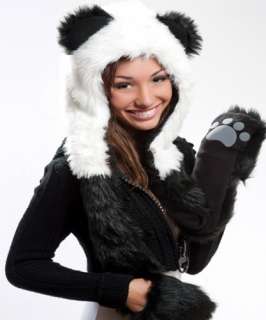 Faux Fur Plush 3D Full Animal Hood with Pocket Hat Scarf Mitten Polar 