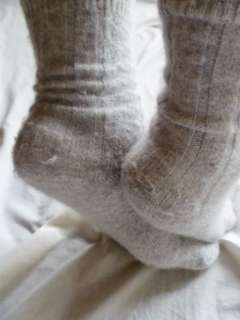 WELL WORN USED FLUFFY SOFT GREY CABLE KNIT SOCKS  