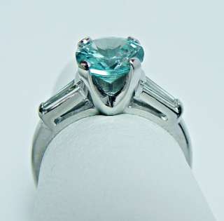 Vintage Platinum Natural Blue Zircon Baguette Diamond 3stone Ring 