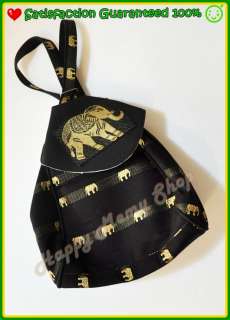 Small Backpack, knapsack bag Elephant Thai Tribal Fabric Black  