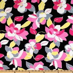   Wide Stretch Cotton Twill Flowers Pink/Black/Yellow Fabric By The Yard