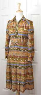 Vtg 60s Multi Print Wool Belted Full Skirt Dress Sz S/M  