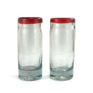 Hand Blown Tequila Shot Glass Pair   3 1/2, Red Rim   From Casa 