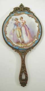 Antique French Brass & Hand Painted Paris Porcelain Hand Mirror Signed 