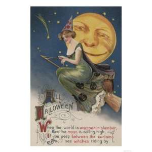  Halloween Greeting   Witch in Flight Giclee Poster Print 