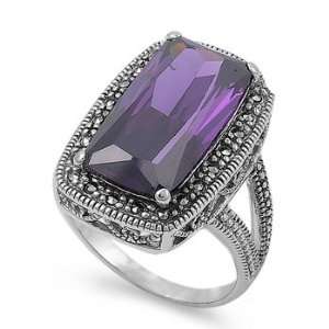   Rectangular Victorian Amethyst CZ Ring with Marcasite Stones   Size 8