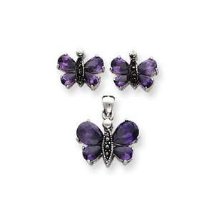   Silver Marcasite Purple CZ Earrings Pendent Set   JewelryWeb Jewelry