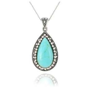   Marcasite and Synthetic Turquoise Tear Drop Pendant, 18 Jewelry