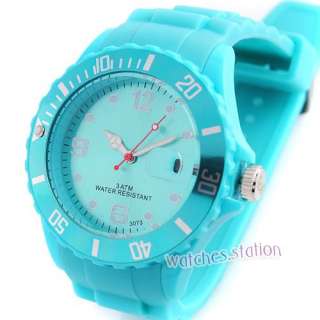 Cool Light Blue Unisex Silicone Jelly Band Date Quartz Wrist Watch 