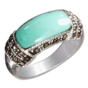    Sterling Silver 7x14mm Turquoise Inlay with Marcasite Ring Jewelry