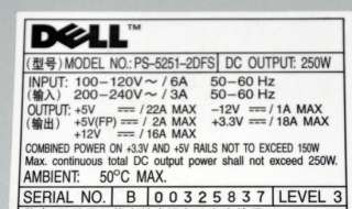 Poweredge 400SC Power Supply 250Watt PS 5251 2DFS F0894  