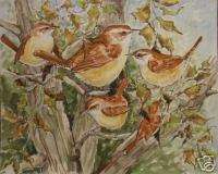 WRENS VINES TREE WATERCOLOR PAINTING ORIGINAL ART BIRDS  
