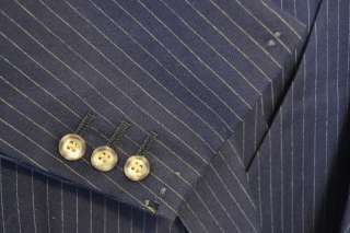 Vintage Navy Blue Flannel Wool Pinstripe 3 Piece Vest Suit 44L  