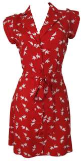 Red & White Sparrow Print Shirt Dress Size 8 New  