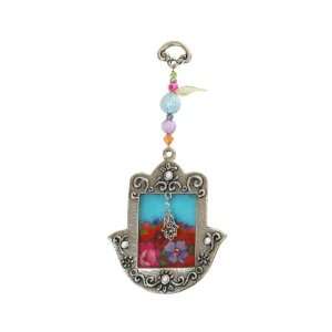  Pewter Hamsa with Glass Tableau in Red and Blue 