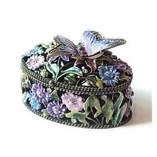 Pewter, Swarovski Crystal, Enameled Butterlfy & Flowers Keepsake Box