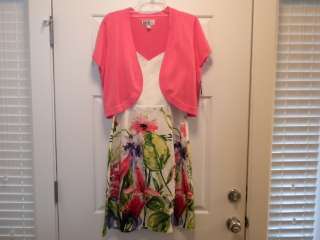 SIZE 14 DRESS R&K ORIGINALS W/SHRUG CORAL & WHITE FLORAL BEAUTIFUL 