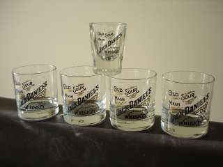 Jack Daniels Old Sour Mash 4 + 1 Whiskey Glasses and Shot Glass  