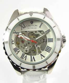 Automatic Mens CROTON Imprerial New Round Watch White Leather Band 