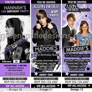 12 Justin Bieber Birthday Party Ticket Invitation Favor  