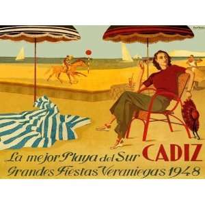 CANVAS CADIZ Spain. Lady on the Beach in Cadiz 1948 sailboats, horses 