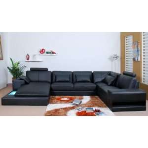   Modern Black Bonded Leather Sectional Sofa with Light
