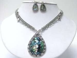 ABALONE PAUA SHELL Mosaic Faceted Silver Chain Rhinestone NECKLACE 