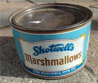 1928  SCARCE SHOTWELLS MARSHMALLOW TIN COLORFUL AND GRAPHIC  