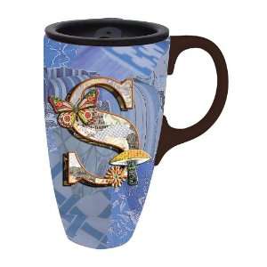   Boxed Ceramic Latte Travel Mug 17oz, Monogram Garden S