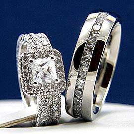 3pcs HIS HERS Engagement Wedding Band Ring Set Princess Cut Mens and 