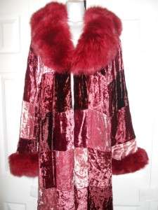 Adrienne Landau Burgundy Fox Fur Collar/Cuffs Open Front Patchwork 