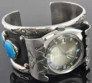   Helbros Sterling Silver Turquoise Native American Watch Cuff Bracelet