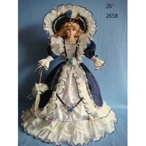   Bottom Victorian Porcelain Doll 26 Inch Navy Blue 