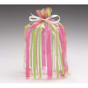   Pink & Green Stripe Cello Birthday Party Favor Shower Gift Bag 7x3x2