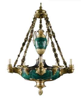 Antique Russian Ormolu Bronze and Malachite Chandelier  