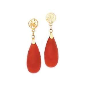  14k Gold & Red Jade Good Luck Drop Earrings Jewelry