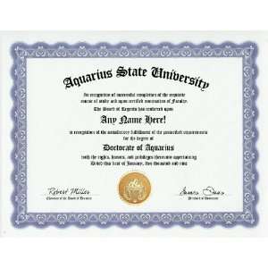 Aquarius Aquarian Degree Custom Gag Diploma Doctorate Certificate 