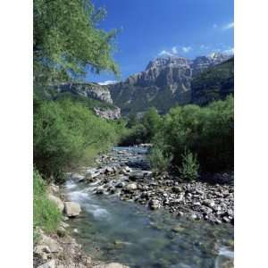 Torla, the River Ara and Mondarruego, Huesca, Pyrenees, Aragon, Spain 