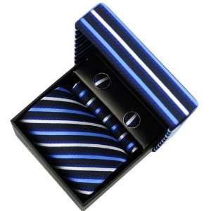 Luxury Mens Business Matching Blue Stripe Tie Handkerchief & Cuff Link 