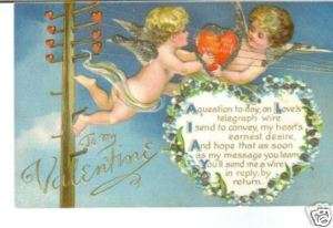 Valentines Day Cupid Telephone lines art postcard 1900s  