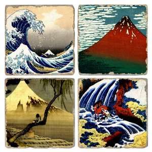  Artworks of Hokusai Tumbled Marble Drink Coaster Set 1 