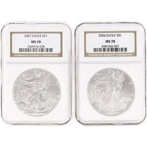    2004 & 2007 Silver Eagle Coin Pair MS70 NGC