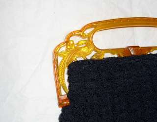 Vintage Antique Lucite Handle Purse Crochet Black Handbag Pheonix 
