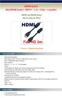 SATConn HQ HDMI Kabel 3m vergoldet HD Sat Receiver 3 m  