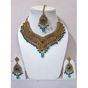  Turquoise Amber Stone Studded Kundan Jewelry Traditional Bridal 